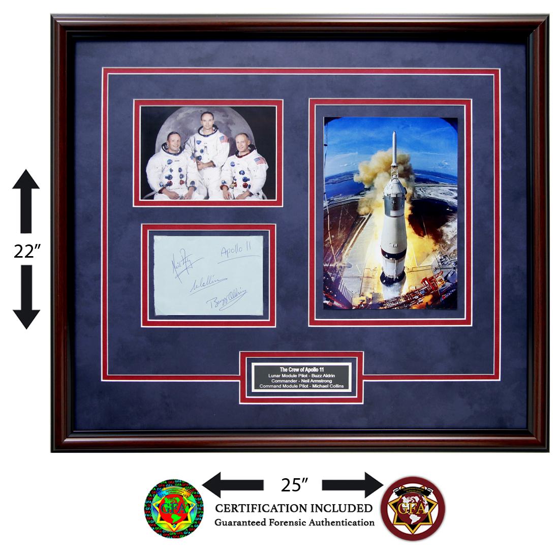 Custom Framed Apollo XI Crew Signed Page: Neil Armstrong (August 5, 1930-August 25, 2012), Buzz Aldrin (January 20, 1930) and Michael Collins (October 31, 1930).4.5 X 5.5Autograph Page Boldly signed by all three astronauts in blue ink. Autogr