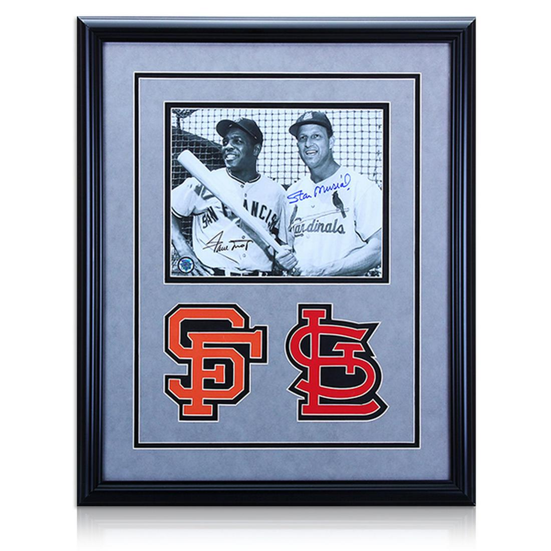 Willie Mays & Stan Musial Signed Framed: This is a beautifully designed 20x16 custom framed and original Willie Mays Autographed 8x10 picture. This piece comes with a Certificate of Authenticity attached to the back.