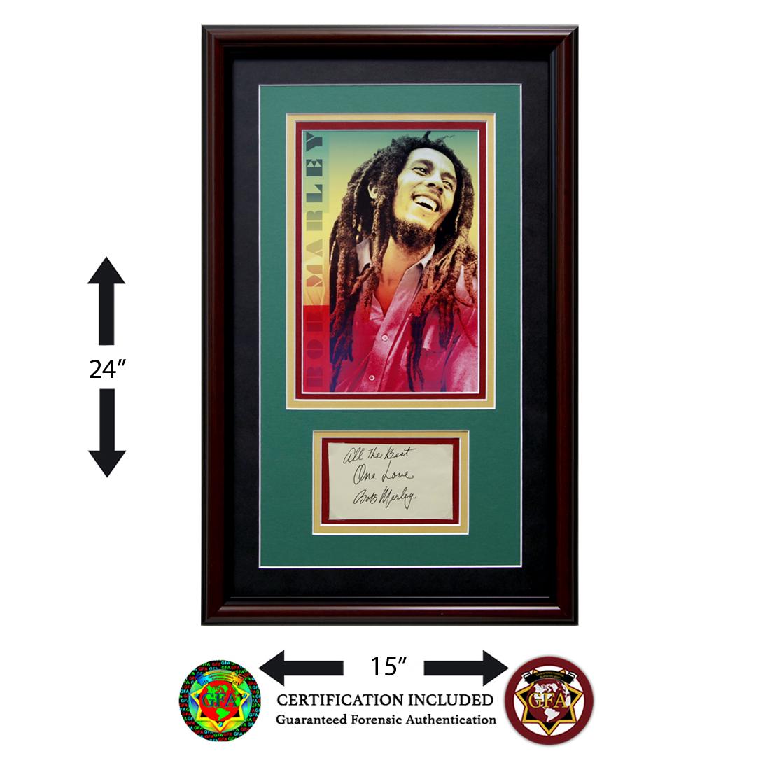 Custom Framed Bob Marley Signed Cut Paper: Bob Marley (February 6, 1945–May 11, 1981), signed3 x 5autograph page. Bob Marley was born Nesta Robert Marley in St. Ann Parish, Jamaica, in1945.According to Clash Music, his first and middle n