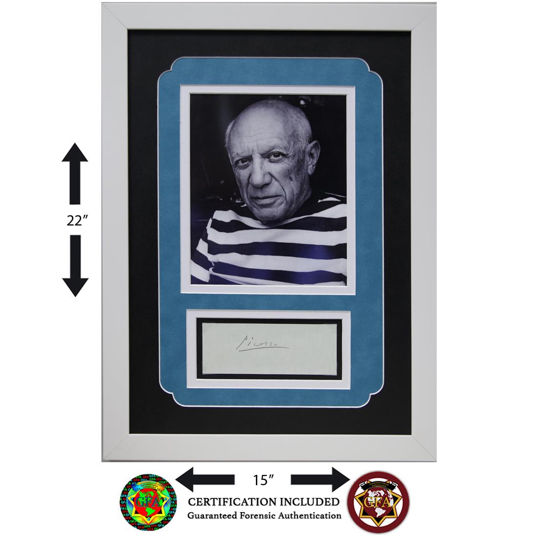 Custom Framed Pablo Picasso Signed Autograph Page: Pablo Picasso (October 25, 1881–April 8, 1973) Pablo Picasso signed4.25 X7.25Autograph page. Pablo Picasso was a Spanish painter, sculptor, printmaker, ceramicist and stage designer considered o