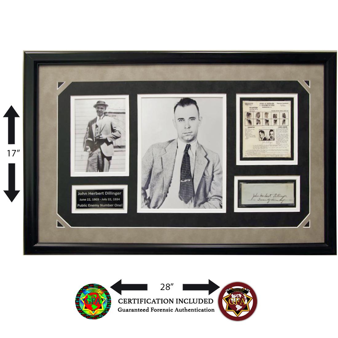 Custom Framed John Dillinger Signed Cut: John Dillinger (1903-1934) signed1.75 x 6cut paper. Boldly signed in black ink. John Dillinger was born on June 22, 1903, in Indianapolis, Indiana. As a boy, he committed petty theft. In 1924, he robb