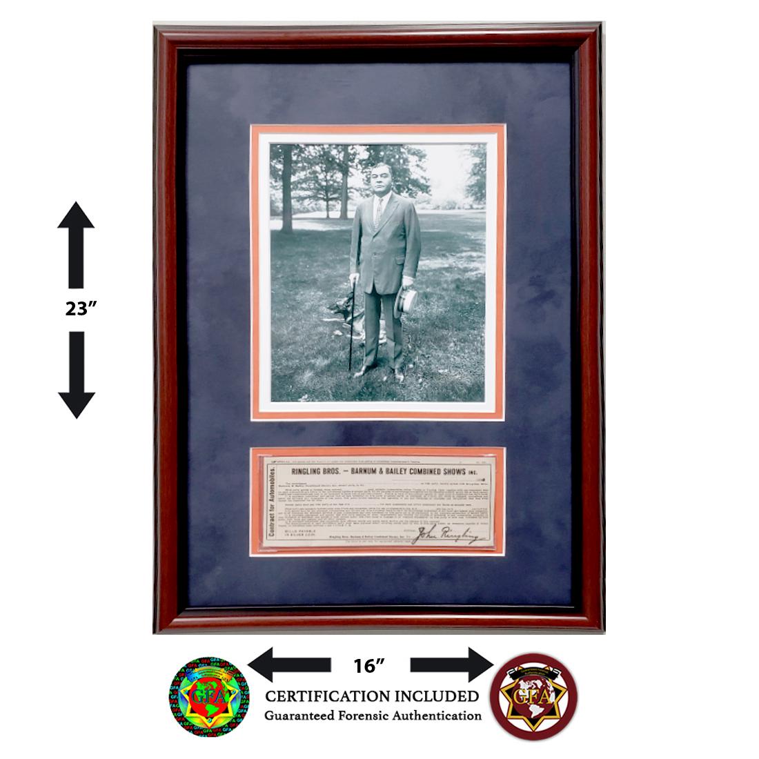 Framed John Ringling Contract for Automobiles: John Ringling (May 31, 1866–December 2, 1936). John Ringling signed contract for automobiles use for his Circus shows. Signed Boldly in Black Ink. John Ringling was one of the five brothers who 
