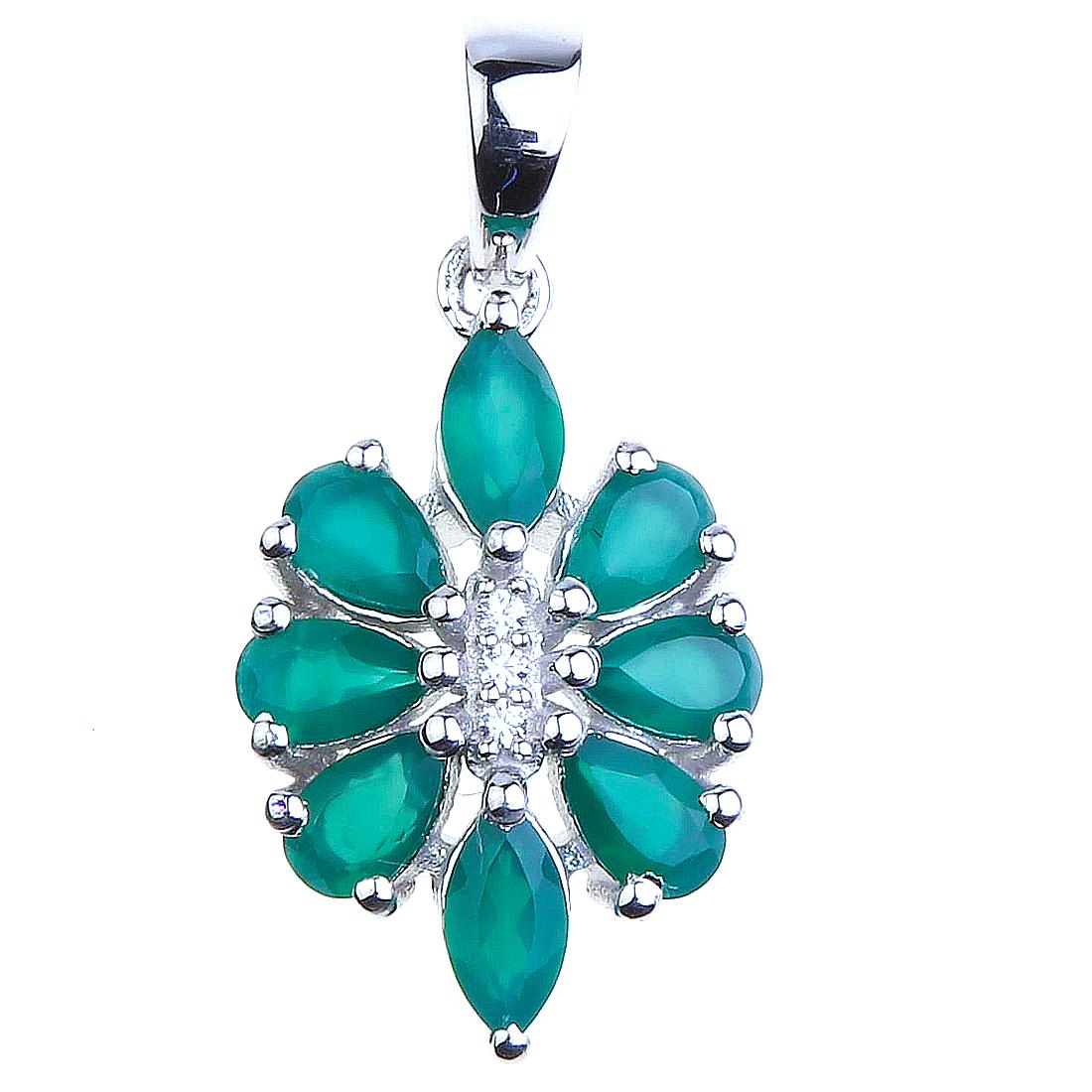 Green Agate & White Zircon Silver Flower Pendant (1 of 2)