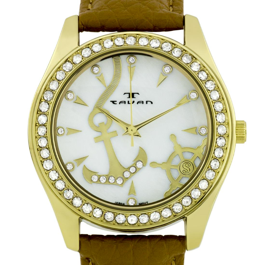 Tavan 39mm Case Swarovski Crystal Bezel Watch: Classic signs decorate these watches, embellished with Swarovski crystals and secured by genuine leather straps. Hands: Stick Caseback Type: Snap.down Strap Color: Bone Genuine Type: Analog, Casual, F
