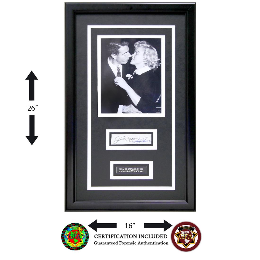 MARILYN MONROE AND JOE DiMAGGIO SIGNED PHOTO: Marilyn Monroe (June 1, 1926 – August 4, 1962) and Joe DiMaggio (November 25, 1914 – March 8, 1999). Marilyn Monroe and Joe Dimaggio signed black and white photograph. Large, Clear, crisp 