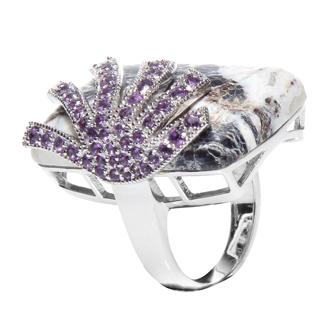 Silver White Buffalo Quartz Overlay Ring-SZ 9: With vibrantly rich color and significant size, this 925 sterling silver ring evokes your love of finely edited yet bold fashion. One large cushion shaped white buffalo quartz gemstone cabochon sits n