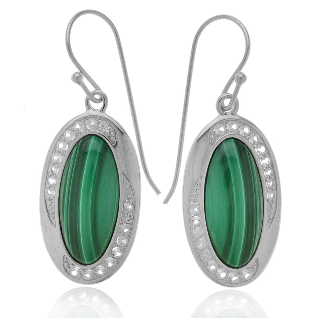 Sterling Malachite & Topaz Elongated Earrings: Sterling Malachite & Topaz Elongated Earrings • Metal: Sterling Silver • Stone:Malachite & White Topaz • Dimensions: 44mmX16 mm • Total Weight: 8.5 grams • Backing: Shepa