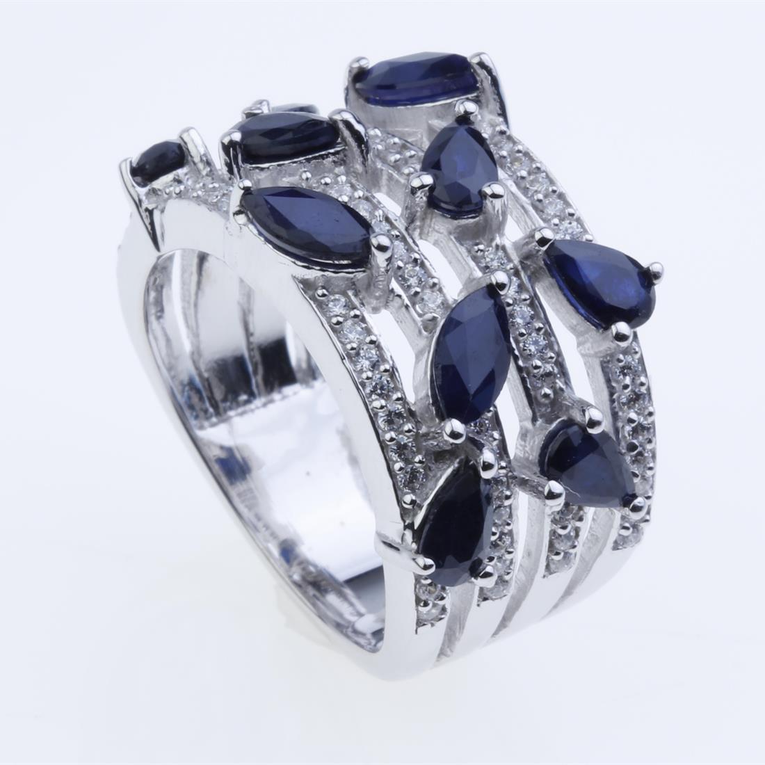 Sz 8.5 Stunning Sapphire &Zircon Wide Silver Band: Sz 8.5 Stunning Sapphire &Zircon Wide Silver Band • Metal: Sterling Silver • Stone: Sapphire, White Zircon • Width : 14.3 Mm • Appx Weight: 7.93 Grams • Finish: Rhodium