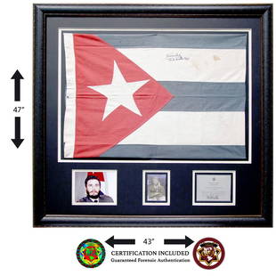 Fidel Castro Signed Cuban Flag Photo & Invitation: This Custom Fabricated Item up for Auction is Truly a One-of-a-Kind Piece. This highly collectible item features Three highly collectible items Signed by Fidel Castro. The center piece of the item is