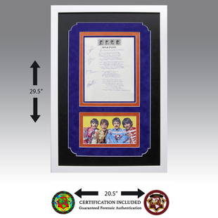 Beatles Signed "Sgt Peppers Lonely Hearts Club": Beatles signed "Sgt. Peppers Lonely Hearts Club" hand written lyrics on Beatles letterhead/stationary.