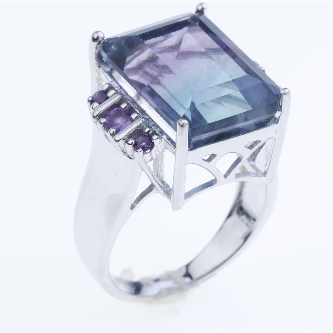 Sz 7 Bi-Color Flourite & Amethyst Sterling Ring (1 of 2)