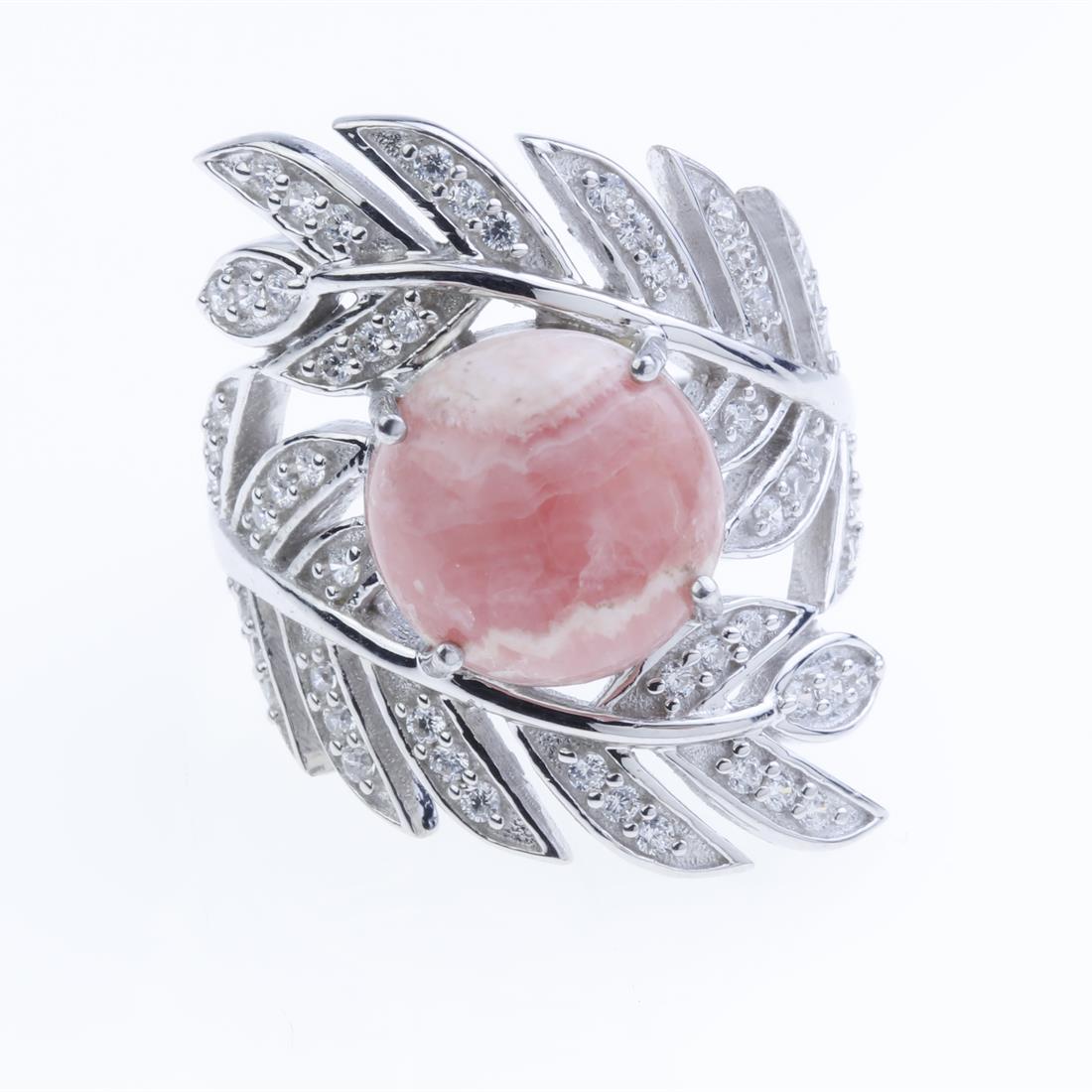Sz 7 Sterling Slv Rhodochrosite & Zircon Ring: Sz 7 Sterling Slv Rhodochrosite & Zircon Ring • Metal: Sterling Silver • Stone: 11 Mm Rhdochrosite, White Zircon • Width : 28.4 Mm • Appx Weight: 7.63 Grams • Finish: Rho
