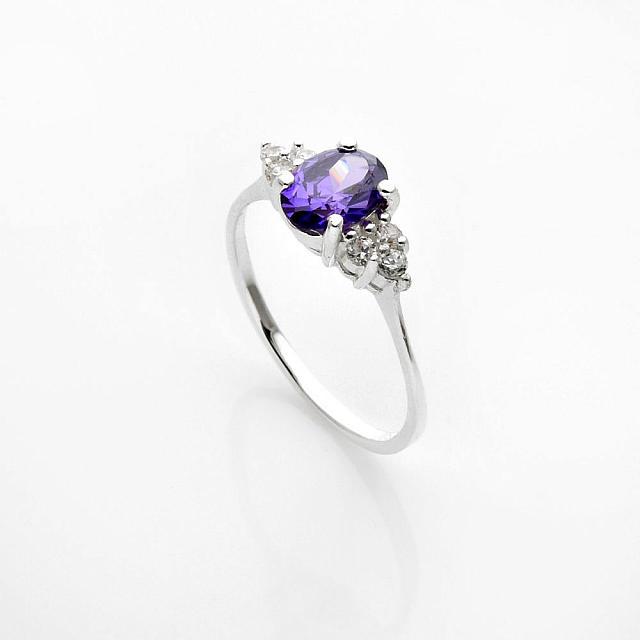 Silver Tone Amethyst-Look Classic Design Ring-SZ 9: What a stunning look! From the Eberle Belle collection comes this absolutely captivating design, beautifully crafted in gleaming silver-plate on brass. A large amethyst-colored and a halo of pure whit