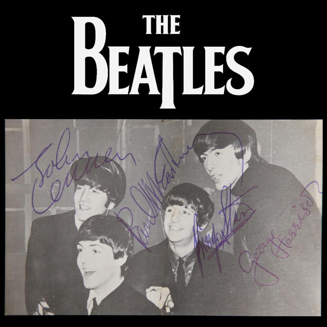 The Beatles Signed Black/White Postcard: The Beatles (1960-1970) signed Black and White Photo Postcard. John Lennon, Paul McCartney, George Harrison and Ringo Starr signed in blue ink; all four signatures are boldly signed. The autographed p