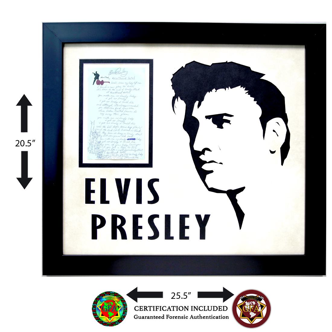 Elvis Presley Signed Sheet "Heart Break Hotel": Elvis Presley (January 8, 1935–August 16. 1977) Elvis Presely signed 8.5 x 11 Lyric Sheet, “Heartbreak Hotel”. Bold signature in Blue Ink, signed on Elvis stationery. The lyrics to &