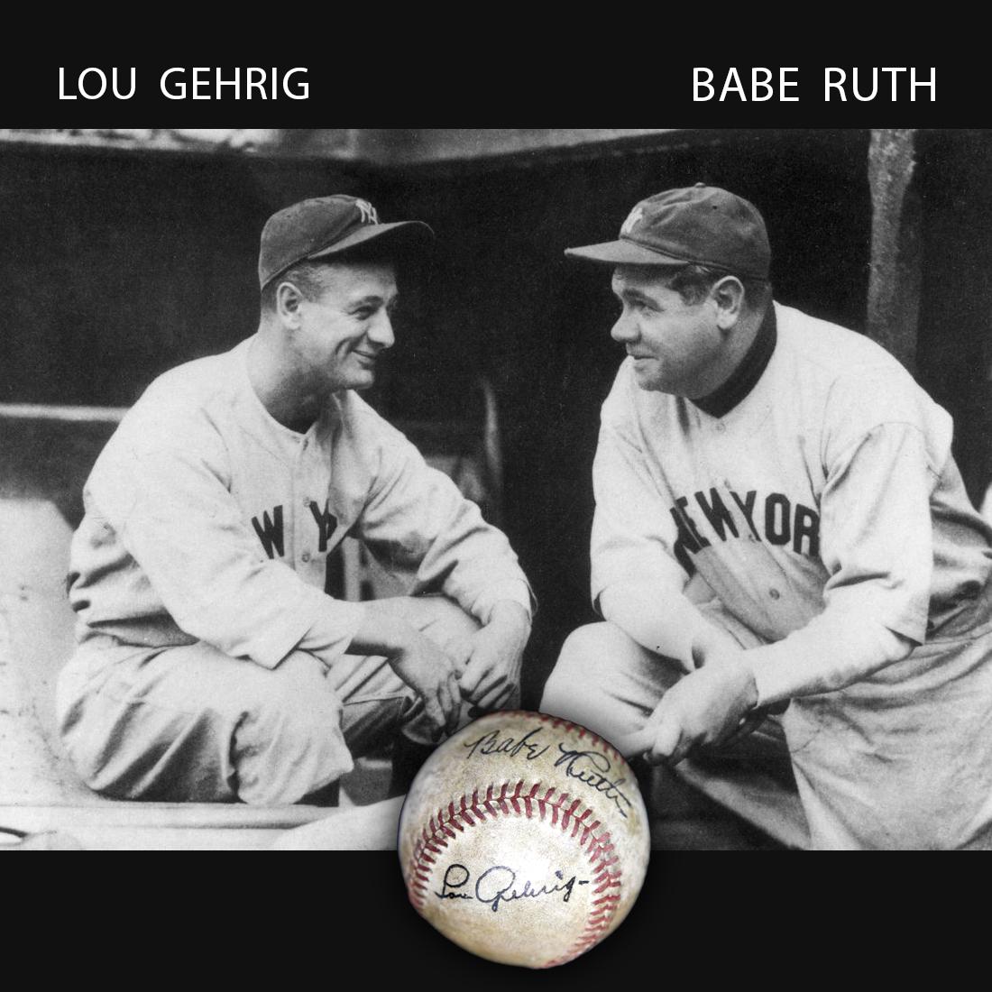 BABE RUTH & LOU GEHRIG SIGNED RED STITCHED BASBALL: Babe Ruth (1895-1948) and Lou Gehrig(1903-1941) signed Unmarked Red Stitched baseball signed by two of the New York Yankees Bronx Bombers. Both signatures are crisp clear and boldy signed in black ink