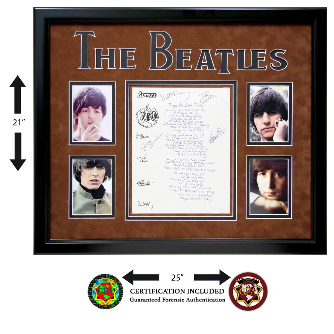 Beatles Signed Lyric Sheet "Things We Said Today": The Beatles (1960-1970) signed Lyric Sheet, â€œThings We Said Today” John Lennon, Paul McCartney, George Harrison and Ringo Starr signed in blue ink. Four large bold signatures of the Fab Fo