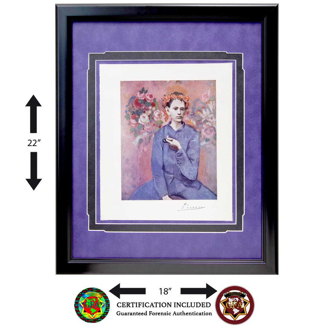Custom Framed Pablo Picasso Signed Print: Pablo Picasso (October 25, 1881–April 8, 1973) Pablo Picasso signed 11 x 13 Art Print. Signed on White Border Below Print in black ink. As one of the most important artists of the 20th century, 