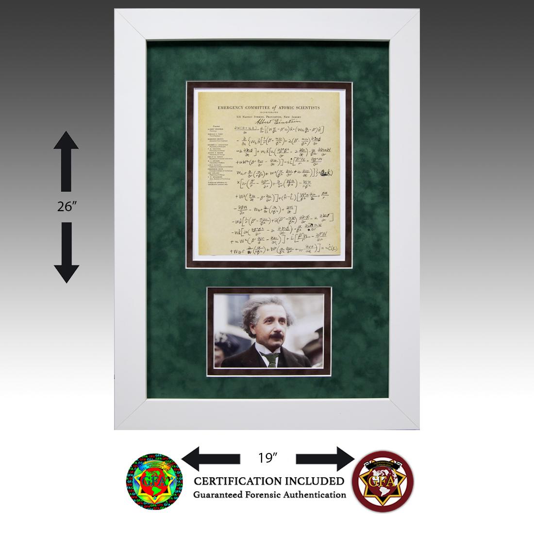 Albert Einstein Signed Handwritten Equation Sheet: Albert Einstein (1879 - 1955), signed 8.5 x 9.75 Equation Page. A Boldly signed autograph in black ink of the Nobel Prize laureate, with his theory of kinetic energy. Albert Einstein was a German math