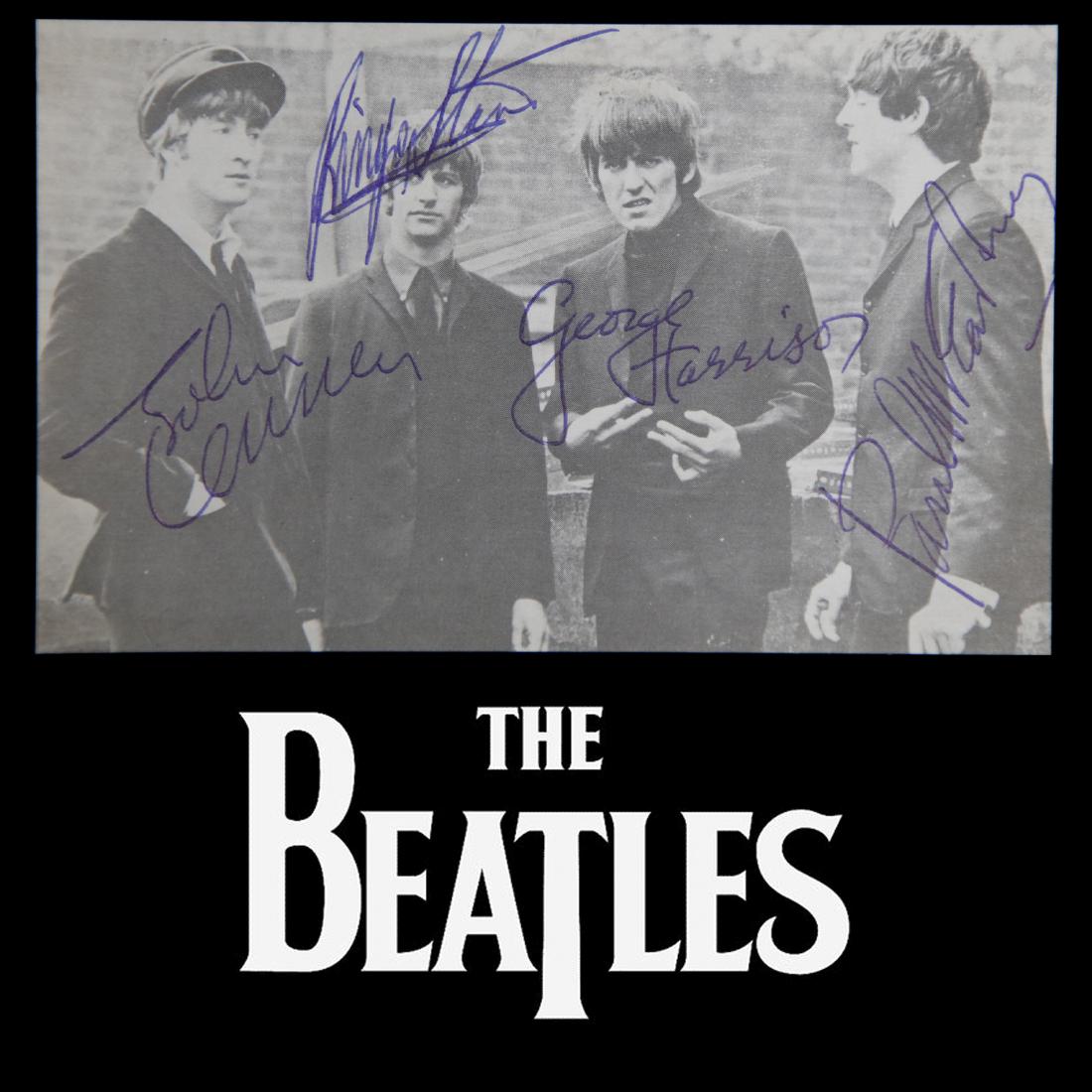 The Beatles Signed Black/White Postcard: The Beatles (1960-1970) signed Black and White Photo Postcard. John Lennon, Paul McCartney, George Harrison and Ringo Starr signed in blue ink; all four signatures are boldly signed. The autographed p