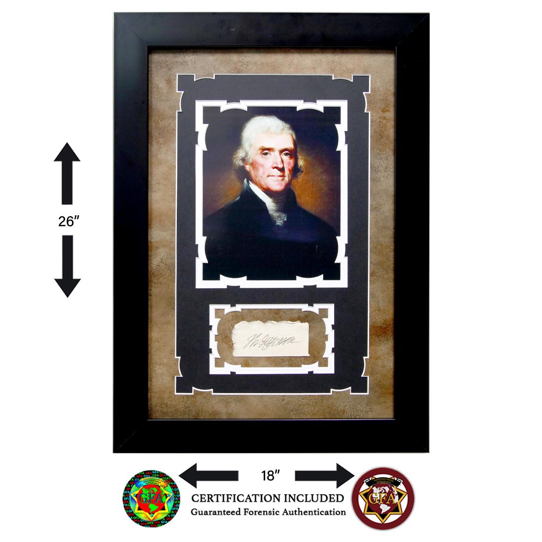Custom Framed Thomas Jefferson Signed Cut: Thomas Jefferson (1743-1826) Clipped Signature. 2” x 4.5” cut slip of paper. Boldy signed in black ink. Paper shows evidence of aging with a yellowish-brown color along the edges. Clear bo