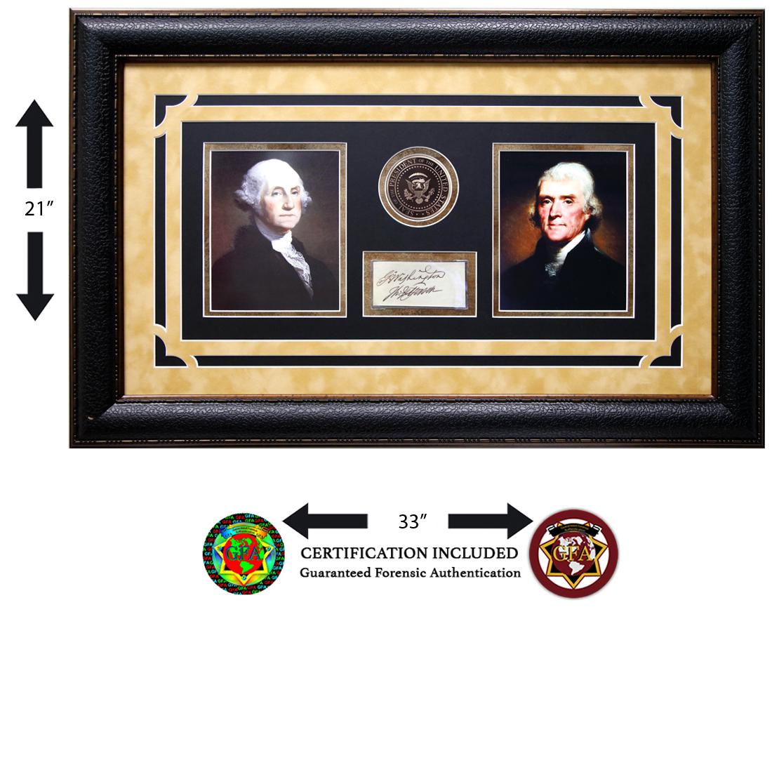 George Washington & Thomas Jefferson Signed Cut: George Washington (February 22, 1732 – December 14, 1799) Thomas Jefferson (April 13, 1743 – July 4, 1826). This 5 x 2 cut of the signatures of our first and third Presidents. Signed boldl