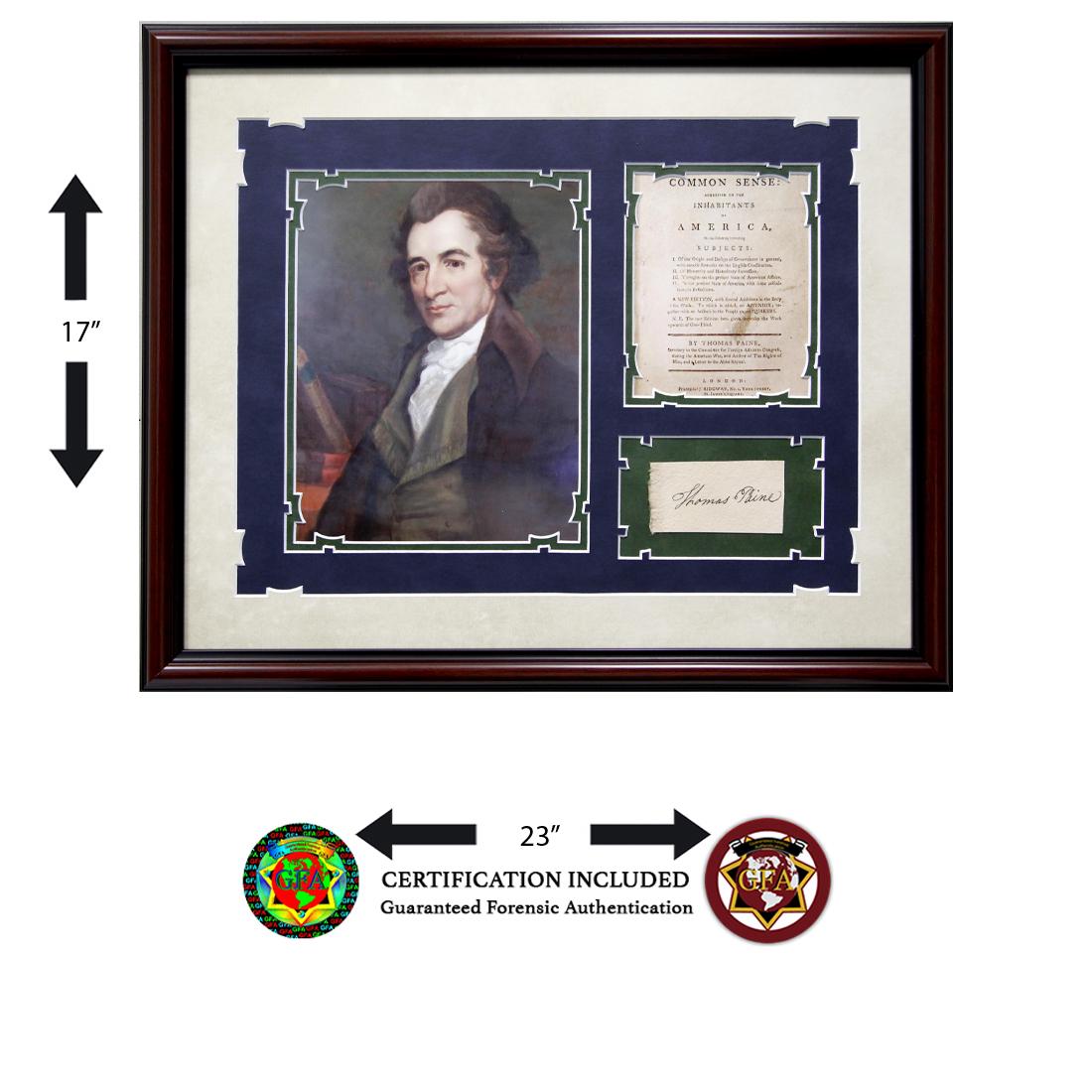 Thomas Paine Signed Cut: Thomas Paine (February 9, 1737 – June 8, 1809) signed 2 X 3.75 signed paper. The paper is signed in black iron based ink. Thomas Paine was an influential 18th-century writer of essays and pamphl