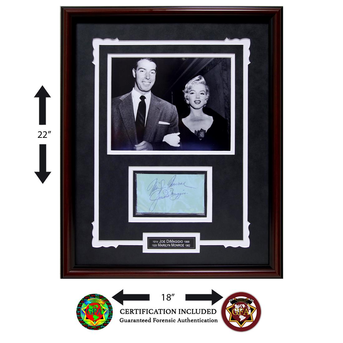 Marilyn Monroe & Joe DiMaggio Signed Page: Marilyn Monroe (June 1, 1926–August 4, 1962) and Joe DiMaggio (November25, 1914–March 8, 1999). Marilyn Monroe and Joe DiMaggio signed 4.5 x 5.5autograph page. Signed Boldy and Large in Bl