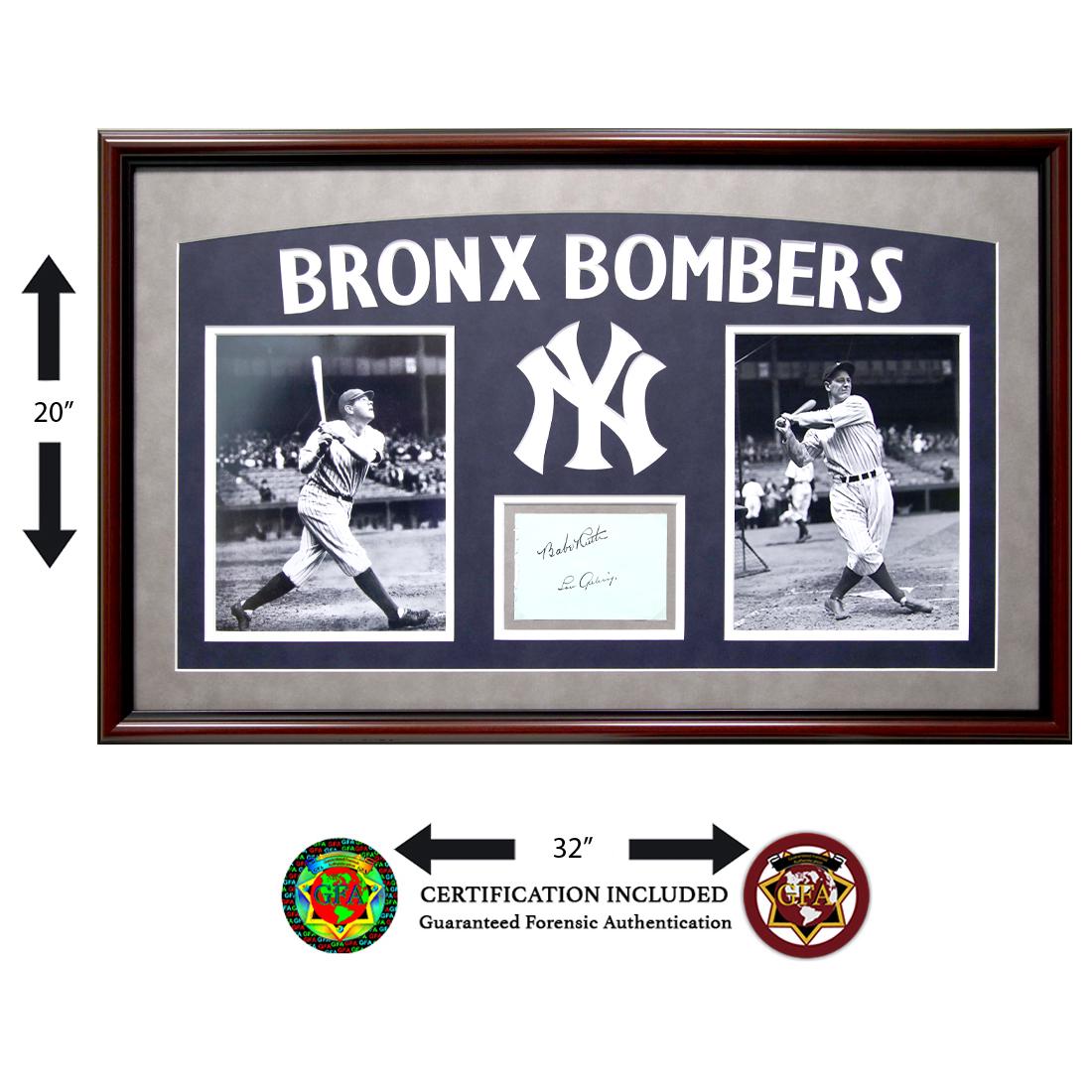 Babe Ruth & Lou Gehrig N.Y Yankees Signed Page: Babe Ruth (1895-1948) and Lou Gehrig (1903-1941) signed 3.75 X 5 cut. Both signatures are boldy signed in black ink. Matted and Framed with a Black and White Photograph of Babe Ruth and Lou Gehrig. Wi