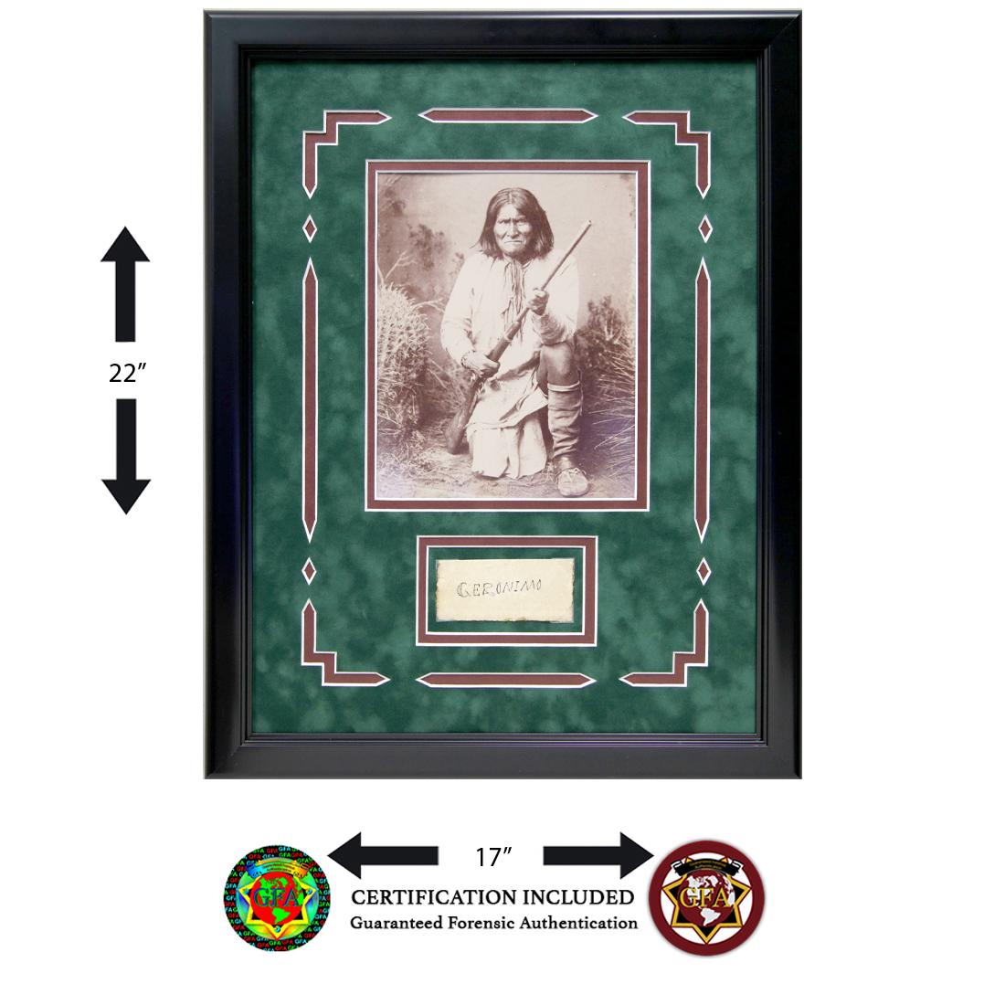 Custom Framed Geronimo Signed Cut: Geronimo (June 16, 1829–February 17, 1909) Geronimo signed 4 x 1.75 cut paper in black ink, the black ink has oxidized over time. His block style letter signature is unique in its style and char