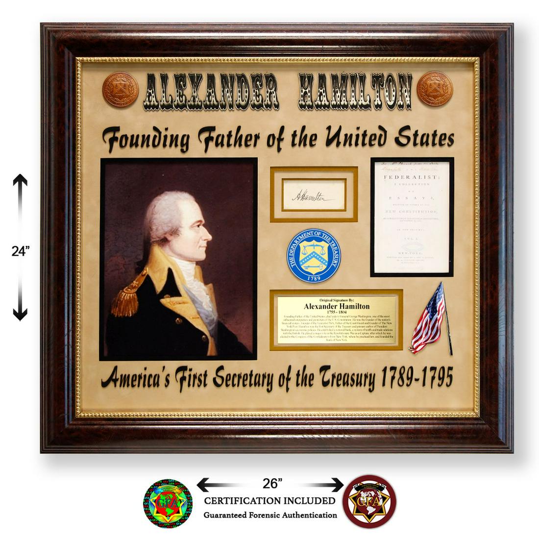 Alexander Hamilton Signed Page: Alexander Hamilton (January 11, 1755-1757 - July 12, 1804 -) signed 2 x 3 ½ cut signature. Boldly signed in black ink. one of the Founders of the United States, an influential interpreter and pro