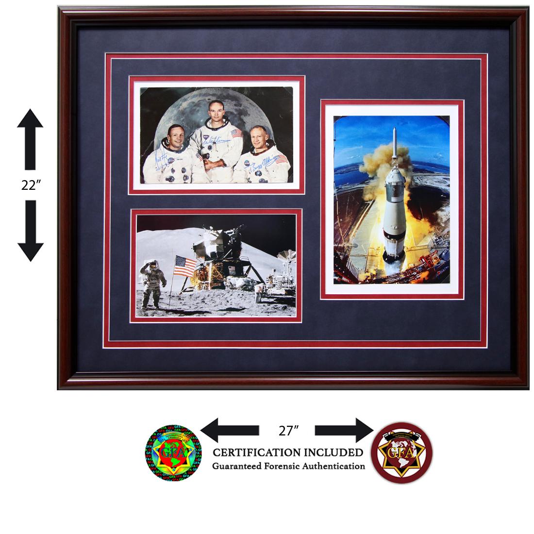 APOLLO XI CREW SIGNED PHOTOGRAPH: Neil Armstrong(August 5, 1930-August 25, 2012), Buzz Aldrin (January 20, 1930)and Michael Collins (October 31, 1930).Apollo XI Crew signed photograph. All three astronauts clear, crisp signatures are
