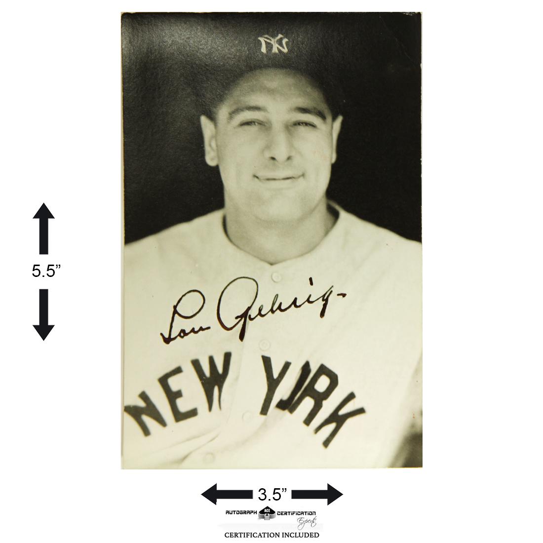 Lou Gehrig 3.5 x 5.5 Black and White Photograph: Lou Gehrig (June 19, 1903 â€“ June 2, 1941) 3 ½ X 5 ½ Black and White Photograph. Boldy signed in black ink across the jersey on Photograph. Comes with a Letter of Authentication fr