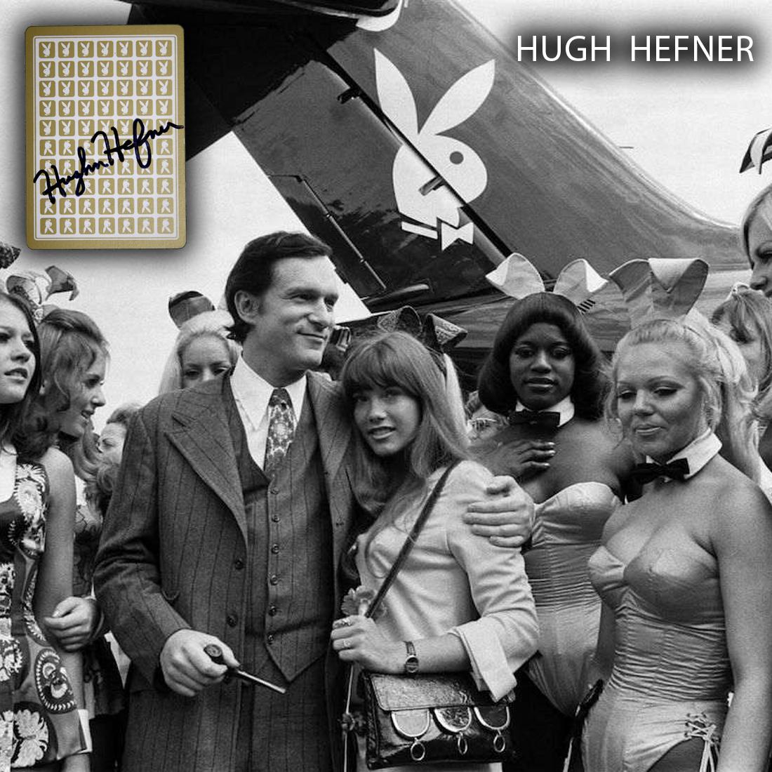 Hugh Hefner Signed Playboy Playing Card: Hugh Hefner (April 29, 1926-September 27, 2017) Hugh Hefner signed Playing Card. Signed boldly in black ink across the back of the playing card. Hugh Hefner transformed the adult entertainment industr