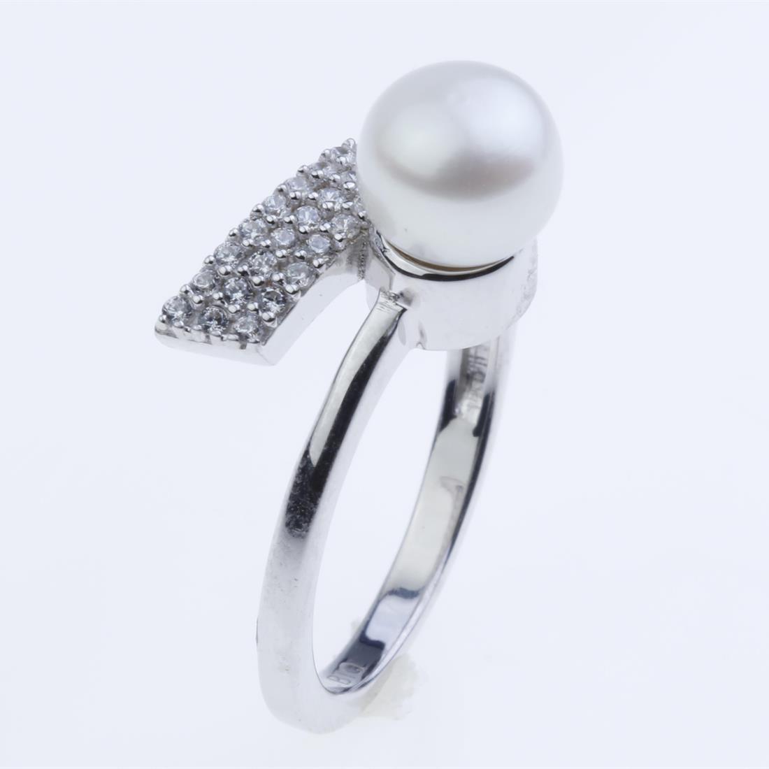 Sz 7.5 Pearl & Zircon Bypass Sterling Silver Ring (1 of 2)