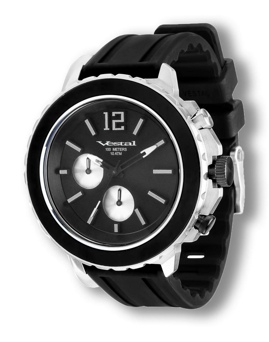 Vestal Men's Yacht Stainless Steel Watch: Round watch featuring corrugated bezel with black top ring, stick/Arabic indices, and two chronograph sub dials. A 45 mm stainless steel case with mineral dial window and Japanese quartz movement with