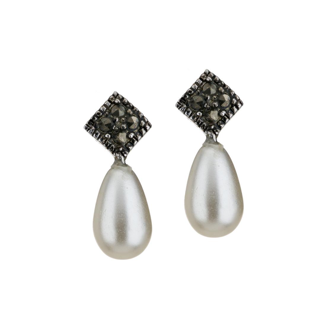 Freshwater Pearl & Marcasite Drop Earrings: • Genuine Freshwater Pearls & Marcasite • Butterfly backings for comfortable fit • Gleaming rhodium over brass