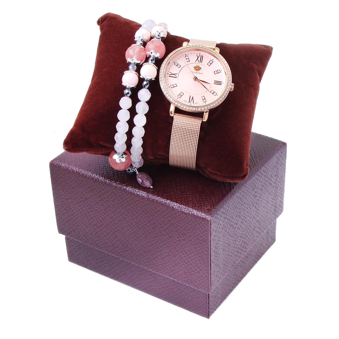 Louis Richard Watch-Rose Gold &Bead Coil Bracelet: Set of Louis Richard Roslin Watch-Rose Gold & Bead Coil Bracelet 6.5" • Stone: Rose QTZ&Pink Coral&Pink Strawberry&Hematite& Tourmaline • Width: 15.34 mm • Total Weight: 27.4 grams &