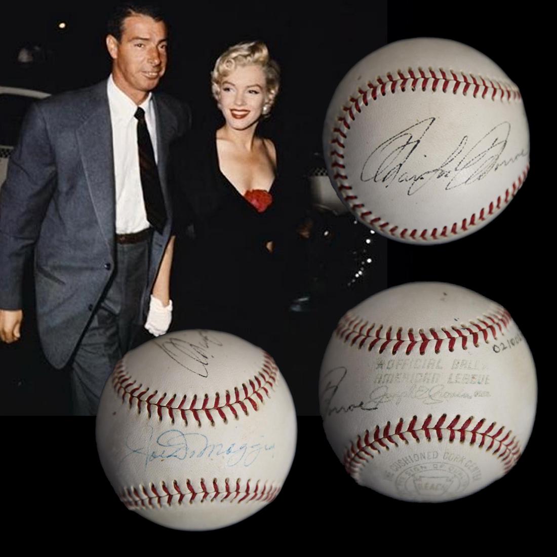 MARILYN MONROE & JOE DiMAGGIO SIGNED OAL BALL: Marilyn Monroe (black ink) and Joe DiMaggio (blue ink) signed official American League Joe Cronin Baseball. Though briefly married, the Hollywood icon and Yankees superstar forged a bond that he held 