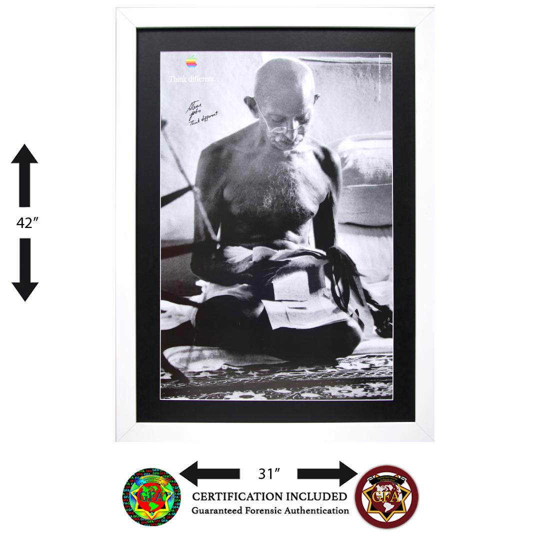 STEVE JOBS SIGNED GANDHI THINK DIFFERENT POSTER: This rare Steve Jobs signed original poster featuring an image of Mahatma Gandhi is from the famous Apple "Think Different" advertising campaign. "Think different" is an advertising slogan used from 1