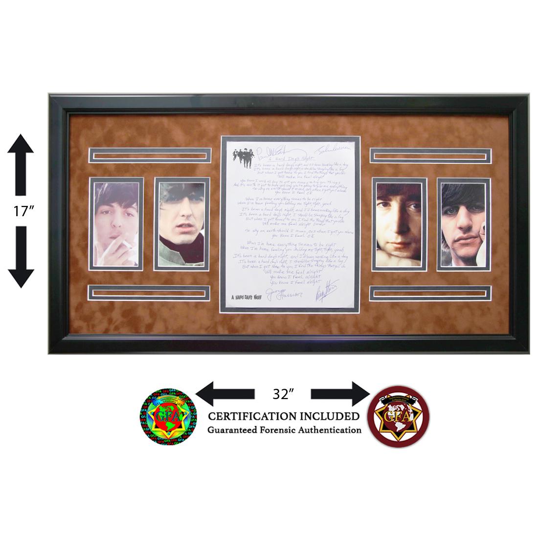 Beatles Signed Lyric Sheet "A Hard Days Night": The Beatles (1960-1970) signed Lyric Sheet, “A Hard Days Night” John Lennon, Paul McCartney, George Harrison and Ringo Starr signed in blue ink. "A Hard Day's Night" is a song by the Engli