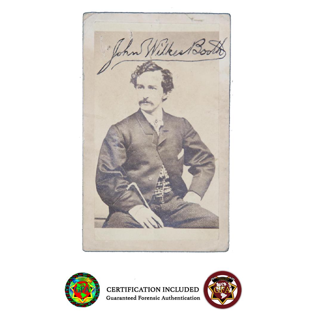 John Wilkes Booth Signed CDV Photo: John Wilkes Booth (May 10, 1838 – April 26, 1865) was an American stage actor who assassinated United States President Abraham Lincoln at Ford's Theatre in Washington, D.C., on April 14, 1865. A