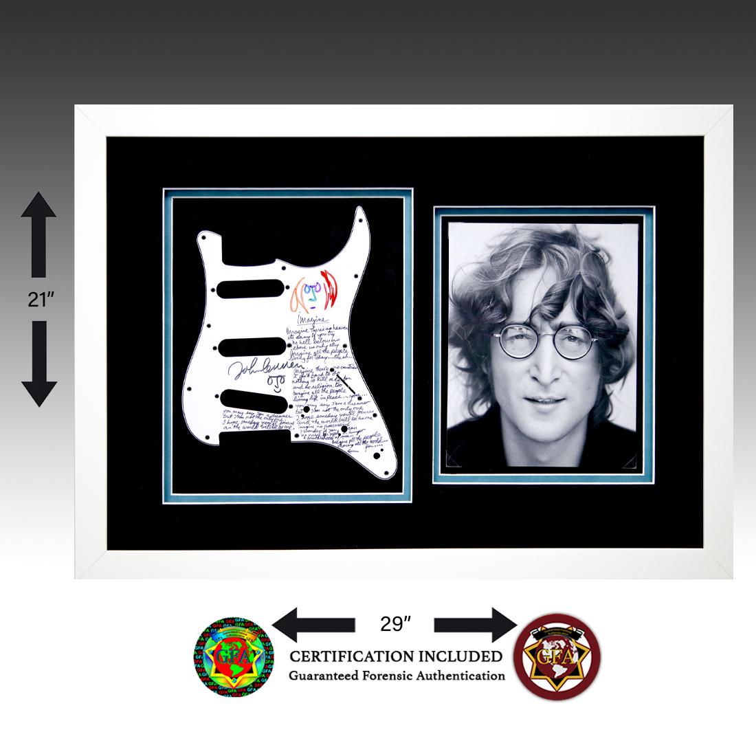 John Lennon Signed Pick Guard With Imagine Lyrics: John Lennon Hand Signed Pick Guard with "Imagine" Lyrics, Signed with Sketch on Guitar Pick Guard. Signature and Lyrics are on a Pearl Acrylic Pickguard. John Winston Lennon was born on October 9, 194