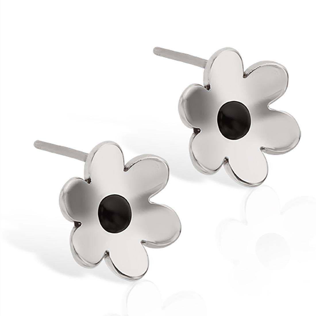 Sterling Silver Black Agate Flower Stud Earrings (1 of 1)
