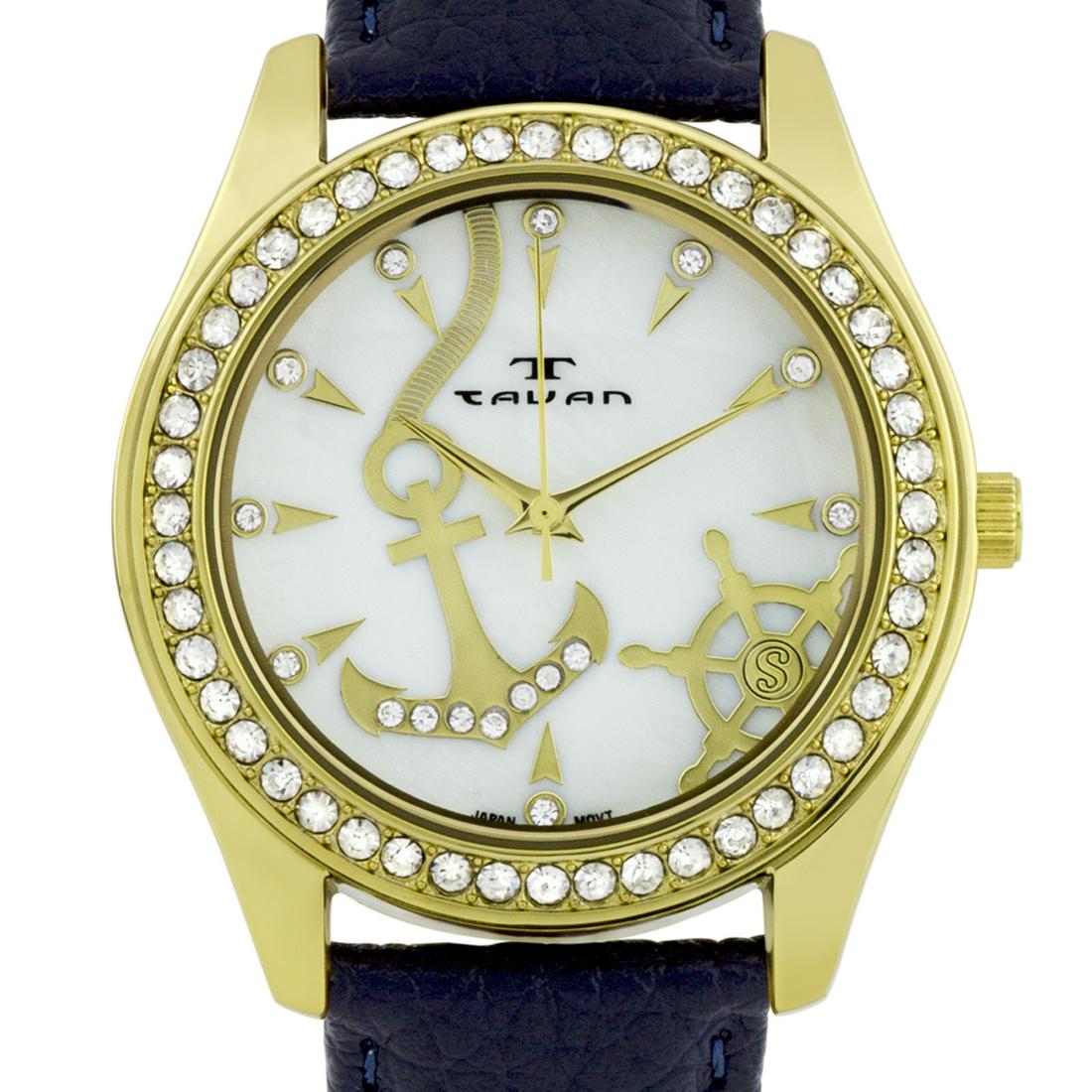 Tavan 39mm Case Swarovski Crystal Bezel Watch: Classic signs decorate these watches, embellished with Swarovski crystals and secured by genuine leather straps. Hands: Stick Caseback Type: Snap.down Strap Color: Blue Type: Analog, Casual, Fashion C