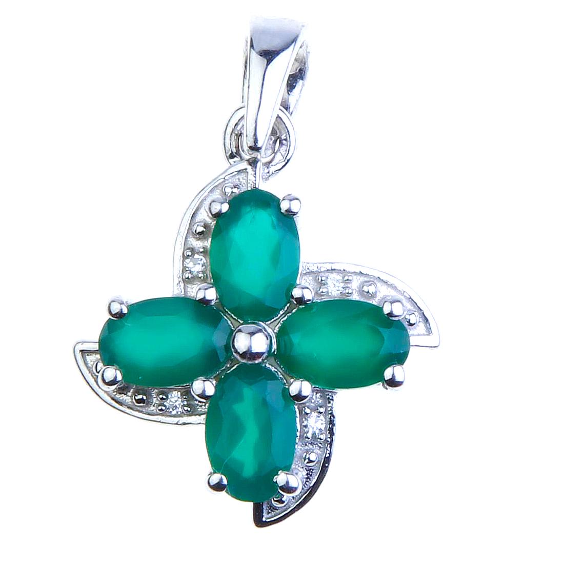 Green Agate & White Zircon Flower Silver Pendant (1 of 2)
