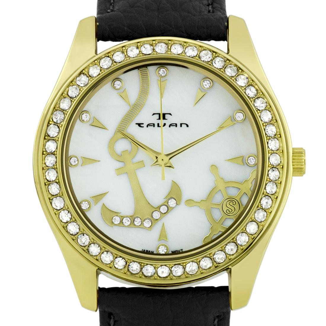 Tavan Swarovski Crystal Bezel Nautical 39mm Case: Classic signs decorate these watches, embellished with Swarovski crystals and secured by genuine leather straps. Hands: Stick Caseback Type: Snap.down Strap Color: Black Type: Analog, Casual, Fashion 