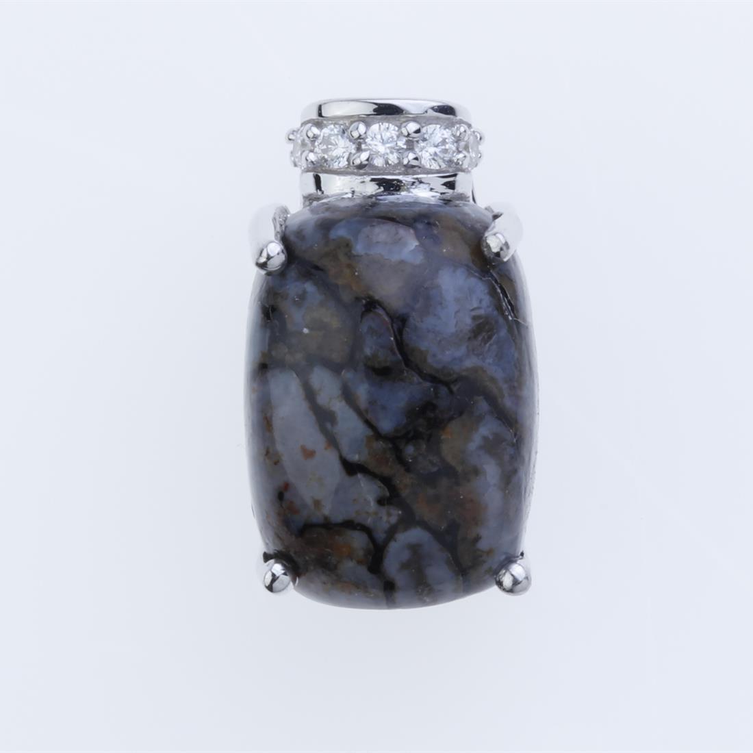 Dinosaur Bone & Zircon Sterling Silver Pendant: Dinosaur Bone & Zircon Sterling Silver Pendant • Metal: Sterling Silver • Stone: 14X10 Mm Cushion Dinosaur Bone&White Zircon • Dimension: 17.5X10.1 Mm • Total Weight: 2.73 Gram