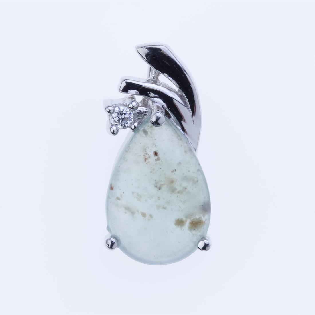 Sterling Silver Aquaprase & Zircon Pendant: Sterling Silver Aquaprase & Zircon Pendant • Metal: Sterling Silver • Stone: 12X8 Mm Pear Shape Aquaprase&White Zircon • Dimension: 17.5X8.5 Mm • Total Weight: 1.63 Grams ̶
