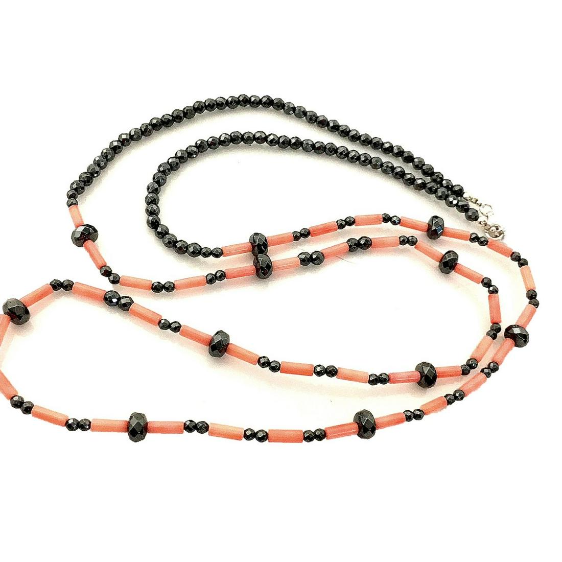 Sterling Silver Pink Coral & Hematite Necklace: Sterling Silver Pink Coral & Hematite Necklace • Metal: Sterling Silver • Stone: Pink Coral&Hematite • Width: 7.5 mm • Length: 40" • Total Weight: 36.4 grams • Clos